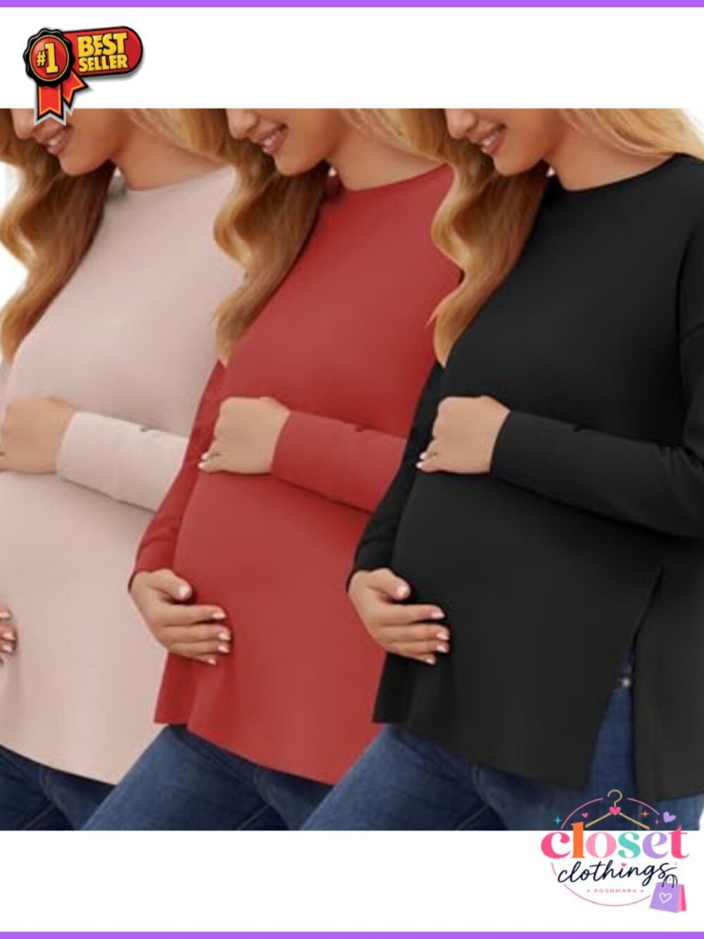 Women's Maternity Long Sleeve Side Slit Tunic Tee 3 Pack